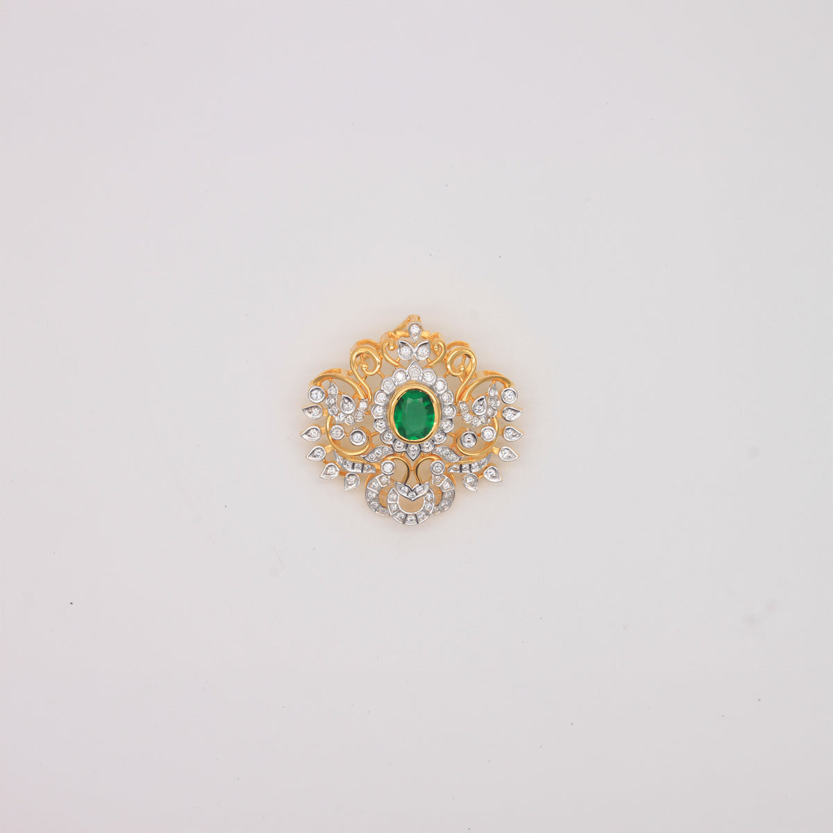 Traditional Floral Emerald and Diamond Gold Pendant