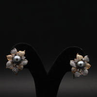 Radiant Mixed-Metal Diamond & Grey Pearl Blossom Studs