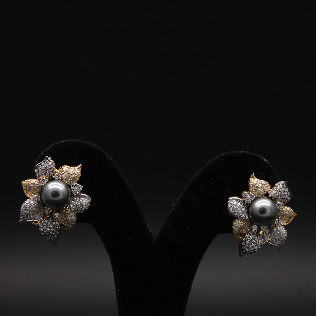 Radiant Mixed-Metal Diamond & Grey Pearl Blossom Studs
