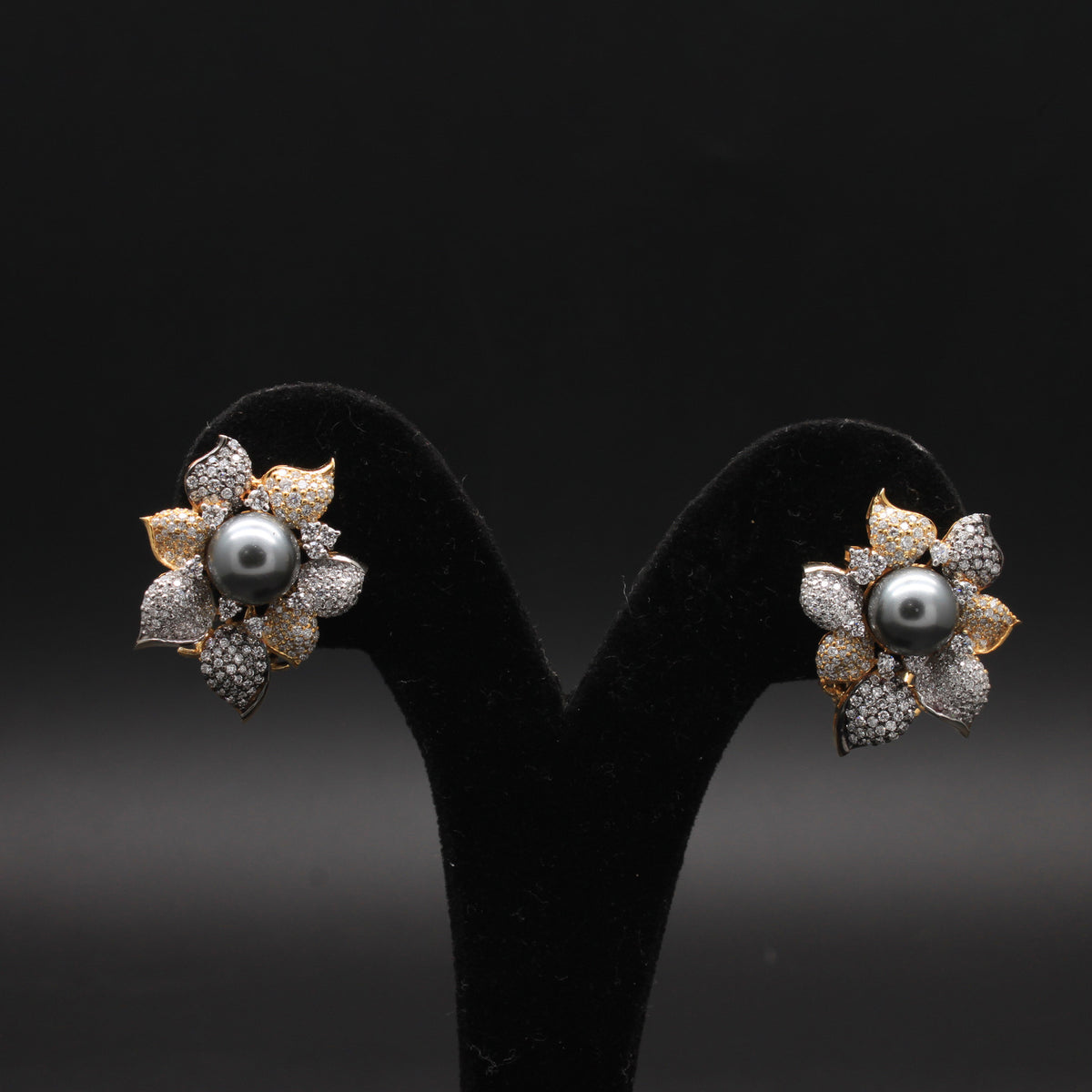 Radiant Mixed-Metal Diamond & Grey Pearl Blossom Studs