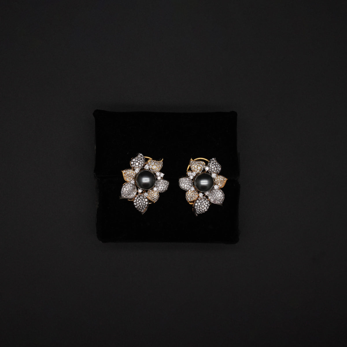 Radiant Mixed-Metal Diamond & Grey Pearl Blossom Studs